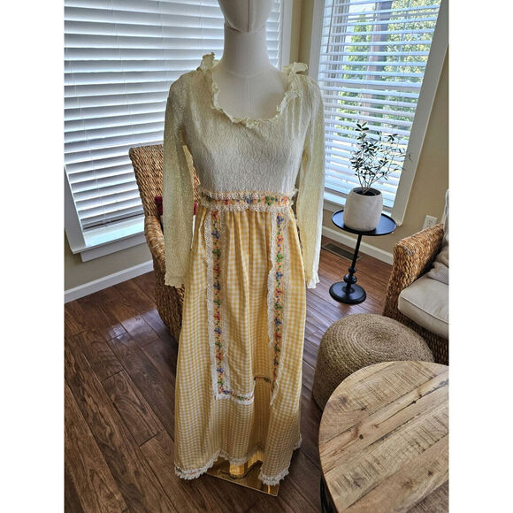 Vintage 1970's Floral Lace Praire Dress Boho Cottagecore Peasant Women's M - Picture 1 of 16